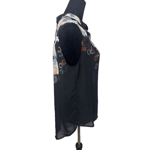 H&M BLACK ORANGE SHEER FLORAL 100% POLYESTER SLEEVELESS SHIRT TANK BLOUSE TOP 8 - Picture 9 of 12